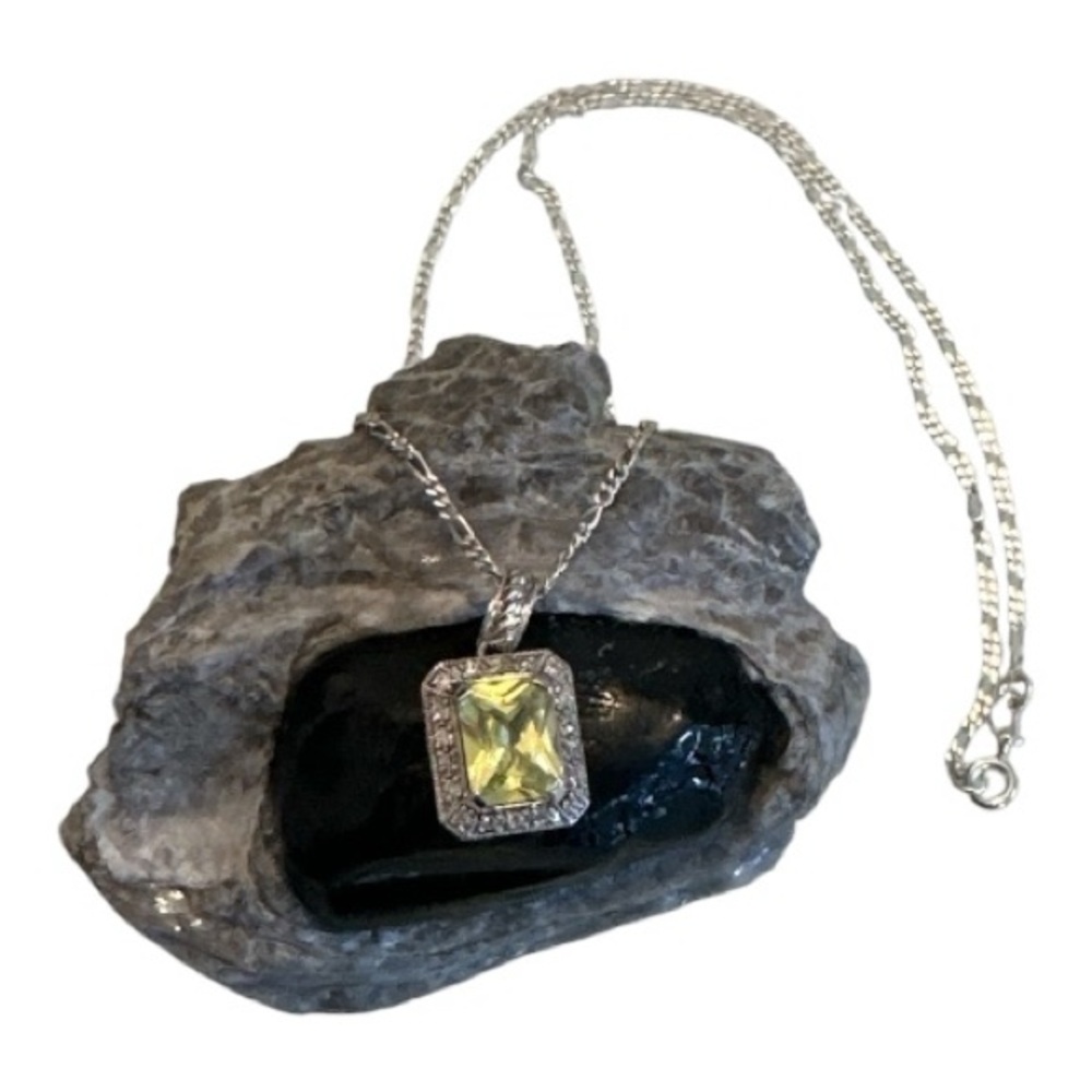 .925 Silver Chain Necklace | Yellow Gemstone & Cubic Zirconia Pendant